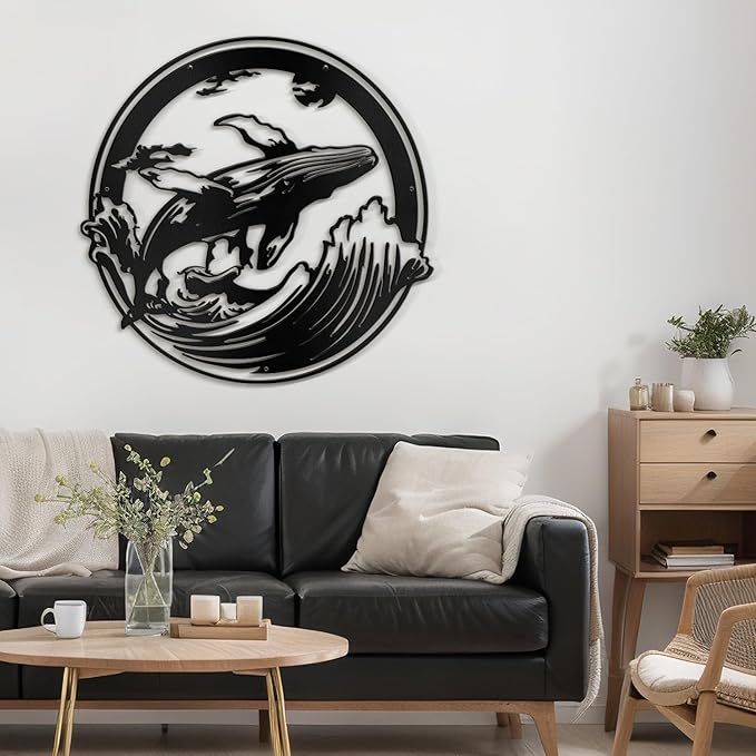 SIGNLEADER Metal Wall Art Decor Whale on Waves Minimalist Modern Abstract Wall Sculpture Hangings Home Decoration for Living Room, Bedroom, Bathroom, Kitchen, Outdoor - 18" Black