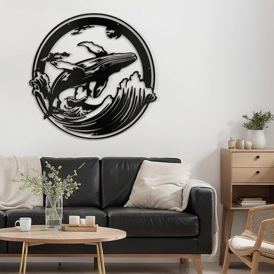 SIGNLEADER Metal Wall Art Decor Whale on Waves Minimalist Modern Abstract Wall Sculpture Hangings Home Decoration for Living Room, Bedroom, Bathroom, Kitchen, Outdoor - 18" Black