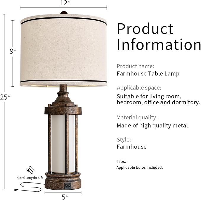 25'' Table Lamps Set of 2 for Living Room Bedroom Farmhouse Metal Lamps with 2 USB Ports, Built-In Frosted Glass Night Light Vintage Industrial Nightstand Bedside Lamp, 4 Bulbs Included, Bronze