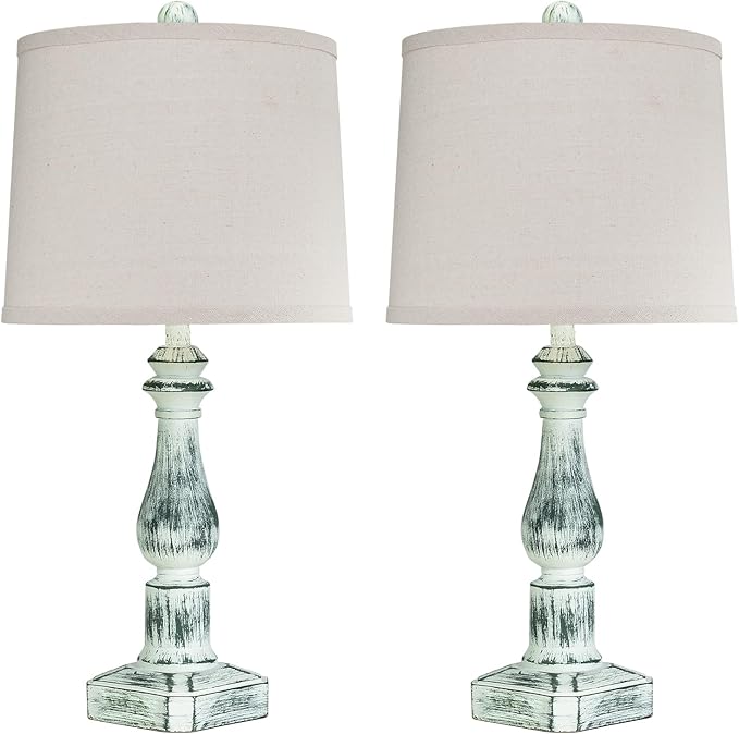 RORIANO 23'' Set of 2 Rustic Table Lamps for Bedroom Living Room, Traditional Farmhouse Resin Desk Lamps, Washed Green Retro Nightstand Lamps for Home Office Entryway, 2 Bulbs Included