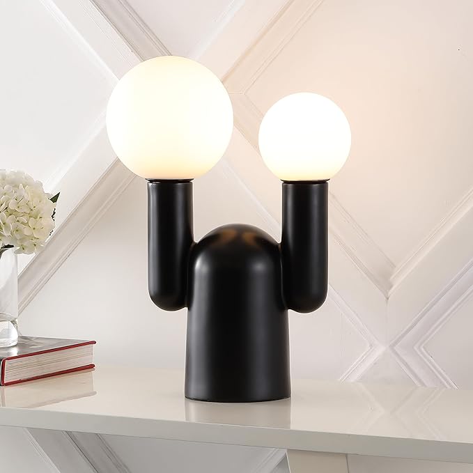 JONATHAN Y JYL4063A Leif 19" 2-Light Modern Mid-Century Resin/Iron/Frosted Glass Nordic Cactus LED Table Lamp, Black, for Living Room, Office, Bedroom