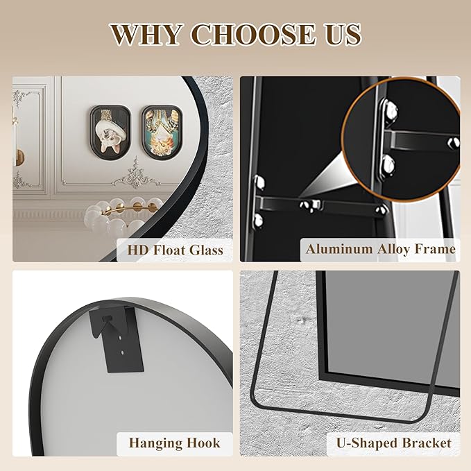 Full Length Mirror with Stand, Black Arched Full Body Mirror, Aluminum Alloy Thin Frame, Freestanding/Leaning/Wall Mount for Bedroom