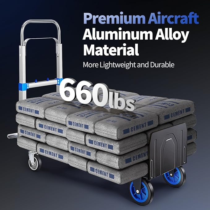 Pro 2 in 1 Aluminium Hand Truck Dolly 660lbs Capacity, Heavy Duty Convertible Hand Truck W/Pneumatic Wheels, Foldable Dolly Cart Collapsible Trolley for Moving with Retractable Handle