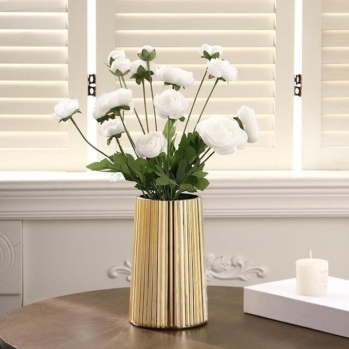 Gold Glass Vase for Flower, Flower Vase for Bouquet, Modern Glass Vases, Ribbed Vases for Living Room, Bedroom, Dining Table, Office, Wedding, Centerpieces, 8 Inches