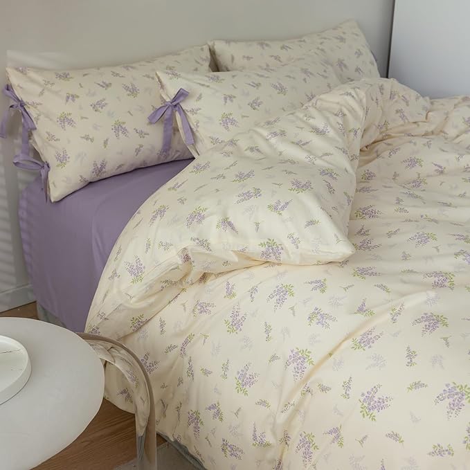 Purple Floral Duvet Cover Queen 3 Piece Cotton Flower Botanical Duvet Cover Vintage Style Lilac Floral Comforter Cover Girls Cottagecore Bedding Sets 1 Queen Duvet Cover with 2 Bow Ties Pillowcases