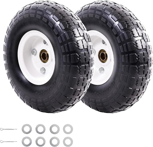 MZREXN 2-Pack 10" Flat Free Solid Tires 4.10/3.50-4 Tire and Wheel, with 5/8" Axle Bore Hole, 2"-2.2" Offset Hub, for Hand Truck, Garden Cart,Trolleys, Yard Trailers, Utility Cart, White