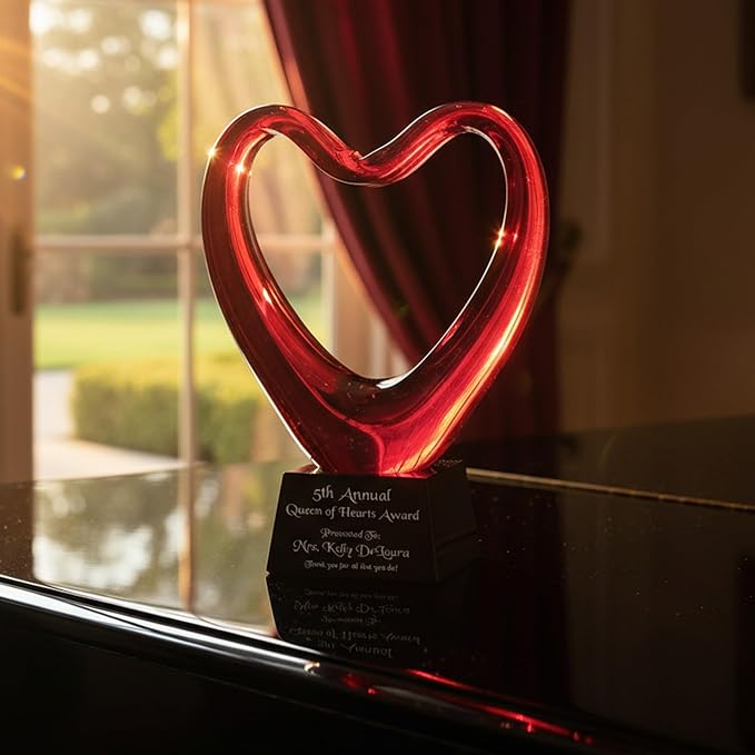 Personalized 6.5" Red Glass Heart Award, Custom Engraved Decorative Heart-Shaped Glass Award Statue for Appreciation, Recognition, Grattitude
