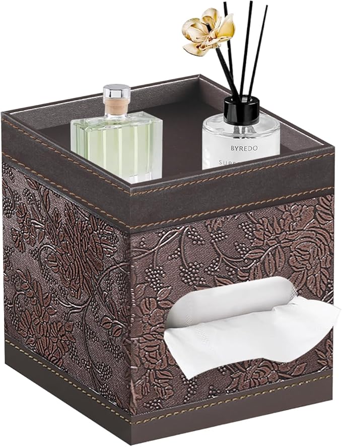 Square Tissue Box Cover with Storage Tray,PU Leather Tissue Cube Box Holder,Decorative Tissue Holders,Modern Tissues Case Napkin Dispenser Facial Paper Organizer for Bathroom Vanity