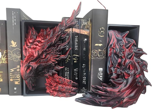 Dragons Awakening Book End – Fantasy Book Nook Insert for Dragon Readers – Unique Home Decor for Bookshelves & Libraries (Head and Tail - Inferno Dragon)