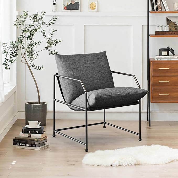 Accent Chair Living Room Chairs Comfy Reading Chair for Bedroom Upholstered Lounge Chair Mid Century Modern Arm Chair Sling Accent Chairs for Living Room Side Sofa Chair Fabric Armchair(Charcoal, 1)