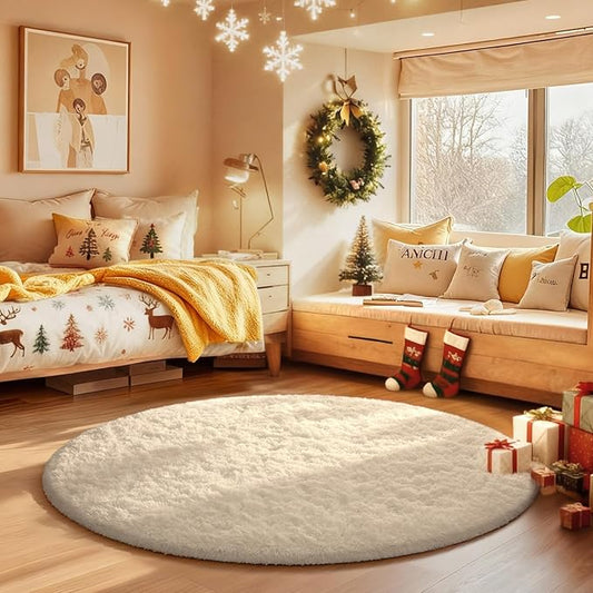 Ophanie Round Rugs 3Ft Ivory Circle Area Rug,Christmas Room Decor, Aesthetic Nursery Bedroom Carpet, Fluffy Fuzzy Plush Soft Shaggy Cream Living Room Rugs for Kids Boys Girls Teen Baby Home, Dorm