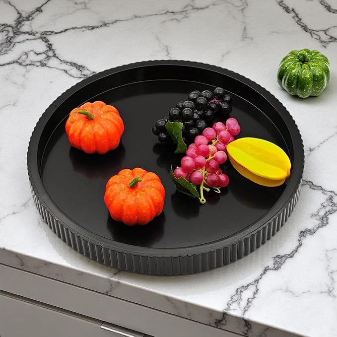 Carah & Cossh Round Wooden Serving Tray, Black Round Decorative Wood Tray, Modern Decorative Tray, Perfect for Storage and Display (Black B)