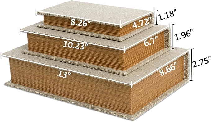 Decorative Book Boxes Set of 3 – Modern Faux Linen & Wood Hidden Storage for Coffee Table – Stackable Fake Books for Shelf Decor, Remote Control & Jewelry Organizer (Linen)