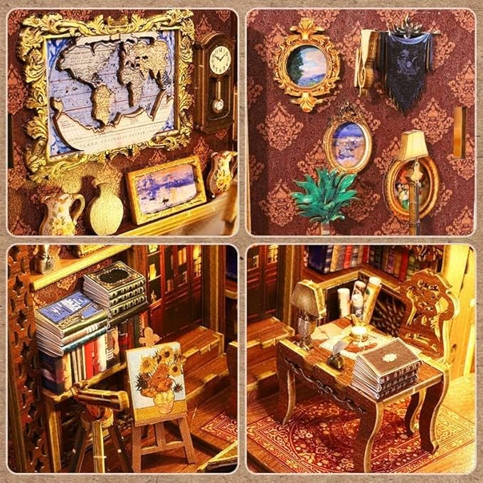 suruim DIY Book Nook Kit Bookend Puzzle Miniature Nook Library Bookshelf Insert Bookends Decoration Books Ornaments Gifts for Adults(Library)