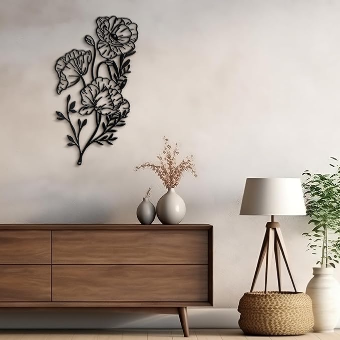 SIGNLEADER Metal Wall Art Decor Line flower Minimalist Modern Abstract Wall Sculpture Hangings Home Decoration for Living Room, Bedroom, Bathroom, Kitchen, Outdoor - 18" Black