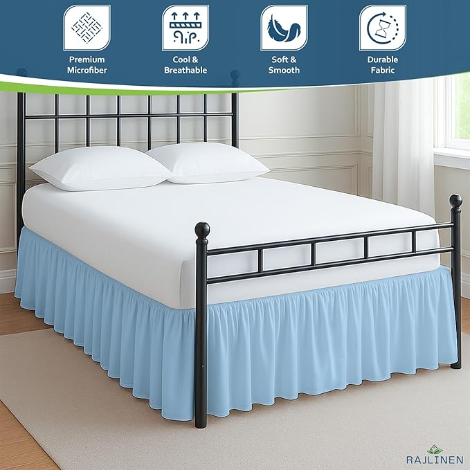 Rajlinen Ruffled Bed Skirt King, 24 Inch Drop Dust Ruffle with Split Corners, 100% Microfiber Bedskirt with Platform, Three-Sided Coverage Ruffled Gathering Design, Light Blue