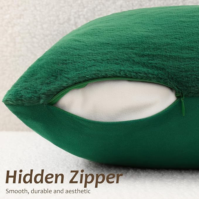Pallene Faux Fur Plush Christmas Throw Pillow Covers 18x18 Set of 2, Soft Fluffy Couch Pillow Covers for Living Room, Christmas Green