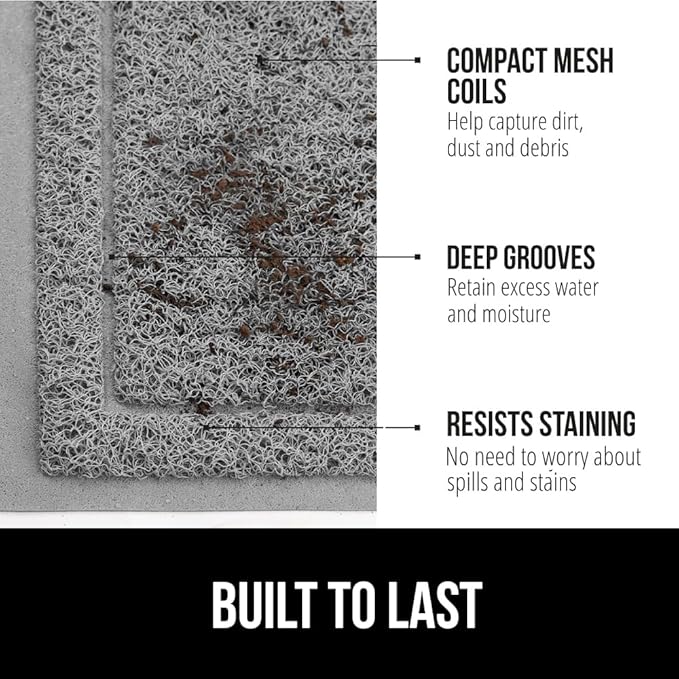 GORILLA GRIP Dirt Grabber Mesh Doormat, Low-Profile, Stain and Fade Resistant Heavy Duty Quick Dry Striped Doormats, Mats for Indoor or Outdoor Entry, Shoe Scraper, Garage Entrance Mat, 35x23, Gray