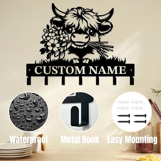 magilab Personalized Custom Highland Cow Wall Hooks,Metal Highland Cow Art Clothes Hooks,Metal Highland Cow Wall Home Storage Decorative,for Front Door, Hallway, Kitchen, Bedroom,Keys,Hats (Style I)