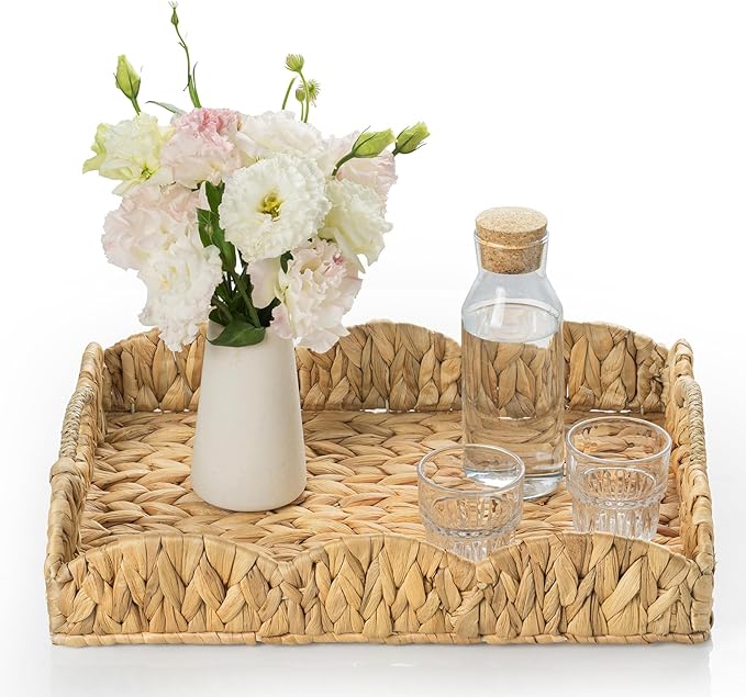 Water Hyacinth Serving Tray, Handwoven Woven Tray with Handles and Scalloped Edge, Rectangle Wicker Basket for Home Decor and Organizing, 17.3" L x 13.4" W x 3.6" H
