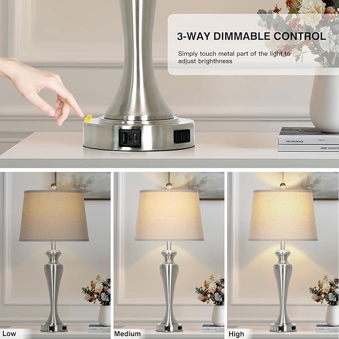 30" Table Lamps Set of 2, 3-Way Dimmable Touch Bedside Lamp with USB A+C Ports and AC Outlet, Tall Living Room Lamps for Side Table, Modern Brushed Nickel Bedroom Lamp for Nightstand, Silver