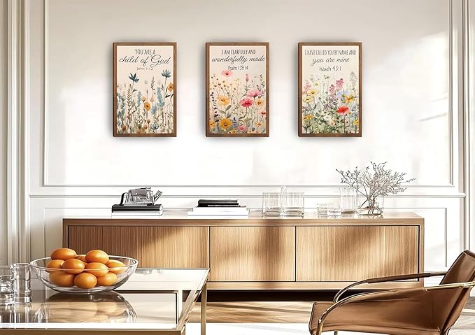 3Pcs Floral Christian Scripture Canvas Posters Prints Wall Art,Home Decor Inspirational Bible Verse Preppy Room Decor Wall Decoration, for Bedroom Living Room Bathroom university dormitories 24x16in Framed