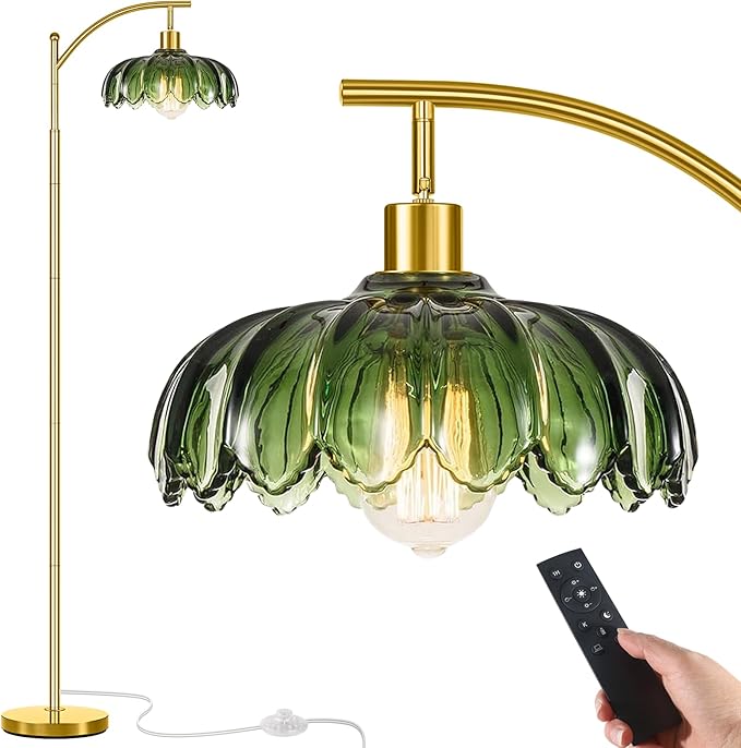 gernehop Gold Floor Lamp for Living Room with Remote Control,Unique Vintage Standing Tall Lamp,Mid Century Modern Floor Lamps Arc Green Glass Floor Lamps for Office Corner