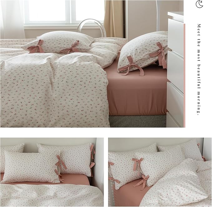 Pink Flower Duvet Cover Twin Vintage Floral Pink Stripes Duvet Cover Cotton Floral Blossom Comforter Cover Cottagecore Bedding Sets with 2 Bowknot Pillowcases Girls Botanical Floral Duvet Cover Set