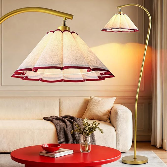 Omlaamy Floor Lamp with Pleated Linen Lampshade, Modern Flower Floor Lamp for Living Room Arc Standing Lamp, Gold Tall Lamp for Bedroom Office Dining Room, Bulb Included (Gold + Red, 65IN)