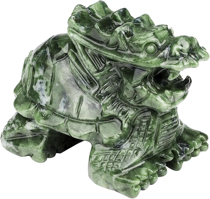 Dragon Turtle Jade Statue - Natural 4inch Gemstone Sculpture for Home Decor, Feng Shui Carved Figurine Outdoor Garden Decorative