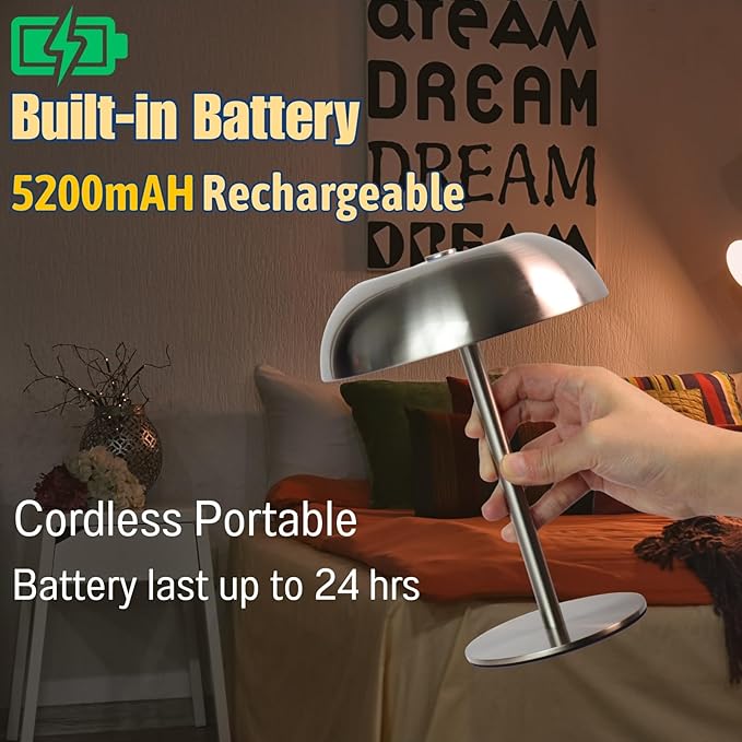 Portable LED Mushroom Table Lamp, Cordless Desk Night Light with 5200mAh Rechargeable Battery, Stepless Dimming Small Lamp with 3 Colors and Brightness Control for Bedroom/Bar/Coffee shop (Silver)