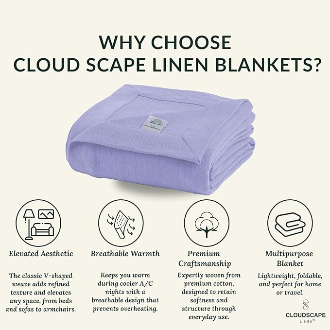 Cloud Scape Linen 100% Cotton Blanket Twin 68x92 Lavender Blue - Cozy Herringbone Weave, Fits Up to Twin XL Size Beds, Breathable Softness, All-Season Warmth, Winter Blanket, Bedding Gift Choice