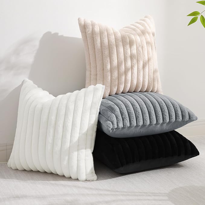 decorUhome Faux Fur Spring Throw Pillow Covers 20x20 Set of 2, Decorative Soft Plush Striped Neutral Couch Pillow Covers with Velvet Back for Sofa, Bed, Living Room Home, White