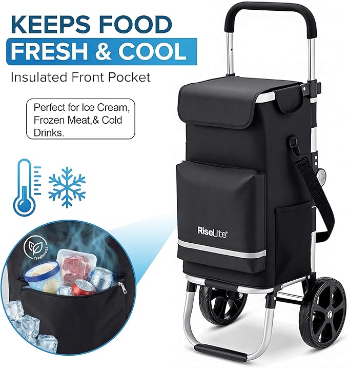 Lightweight Shopping Cart with Wheels, Foldable Grocery Trolley for Supermarket & Teachers, Rolling Utility Crate with Insulated Cooler, Adjustable Handle, 110 lbs