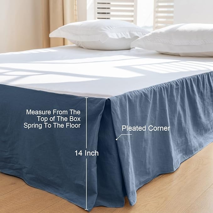 BISELINA French Linen Bed Skirt with Pleated Corner 14-Inch Tailored Drop Natural Flax Cotton Blend Basic Dust Ruffle Soft Cozy Farmhouse Bedding (14" King, Basic Navy Blue)