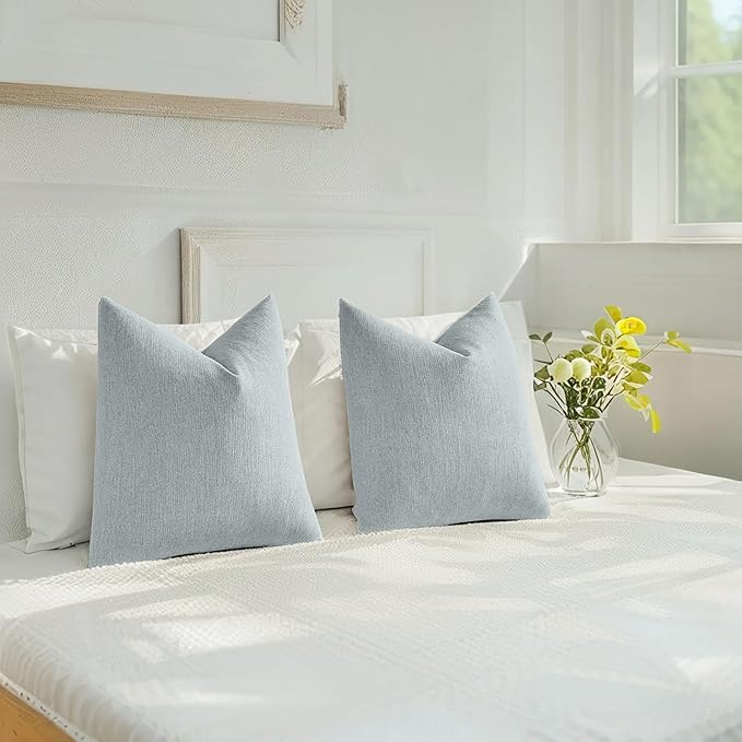 HAUSSY Dusty Blue Throw Pillow Covers 24x24 Inch Set of 2,Boho Decorative Faux Linen Throw Pillows Cozy Farmhouse Accent Cushion Covers,Home Decor for Couch Sofa Bed Living Room