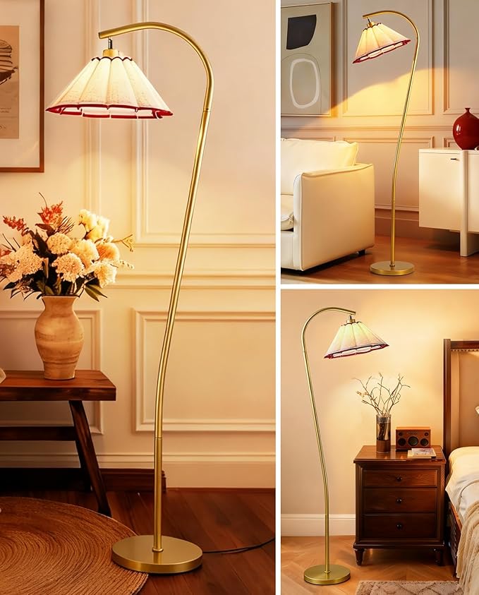 Omlaamy Floor Lamp with Pleated Linen Lampshade, Modern Flower Floor Lamp for Living Room Arc Standing Lamp, Gold Tall Lamp for Bedroom Office Dining Room, Bulb Included (Gold + Red, 65IN)