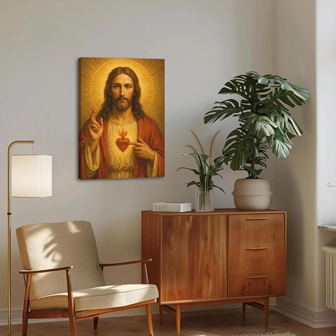 Sacred Heart of Jesus Canvas Wall Art Divine Mercy Wall Decor Jesus Portrait Painting Christian Religious Artwork Catholic Poster Prints for Bedroom Living Room Prayer Room Church 12x16in