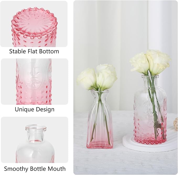 RUCKAE 12 Pack Glass Bud Vases Mini Flower Vase Small Vintage Vases for Centerpiece Table Wedding Decorations Home Decor Party (Gradient Pink)