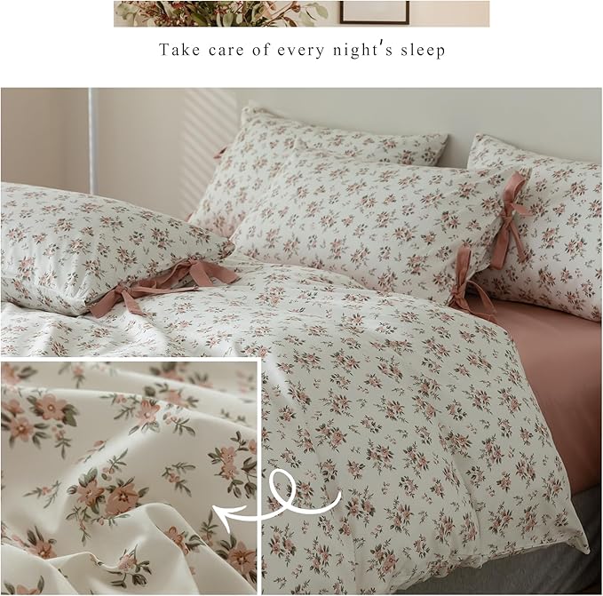 Pink Flower Duvet Cover Set Twin Soft Cotton Peach Floral Comforter Cover Girls Cottagecore Bedding Set Boho Floral Duvet Cover Vintage Country Bedding Flower Botanical Duvet Cover with Zipper Closure