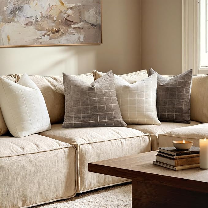 MIULEE Decorative Chenille Check Throw Pillow Covers Vintage Plaid Couch Pillows 20x20 Inch Set of 2 Neutral Boho Farmhouse Cushion Covers Modern Spring Home Decor for Sofa Bed Living Room Taupe Grey