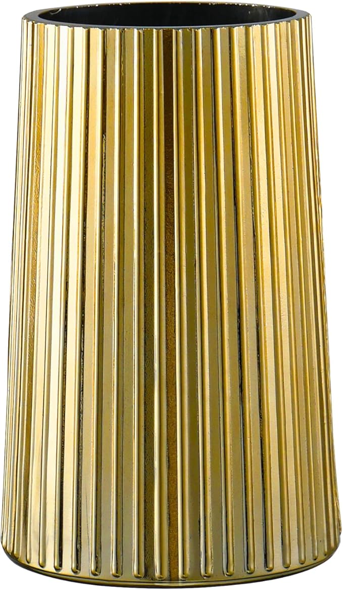 Gold Glass Vase for Flower, Flower Vase for Bouquet, Modern Glass Vases, Ribbed Vases for Living Room, Bedroom, Dining Table, Office, Wedding, Centerpieces, 8 Inches