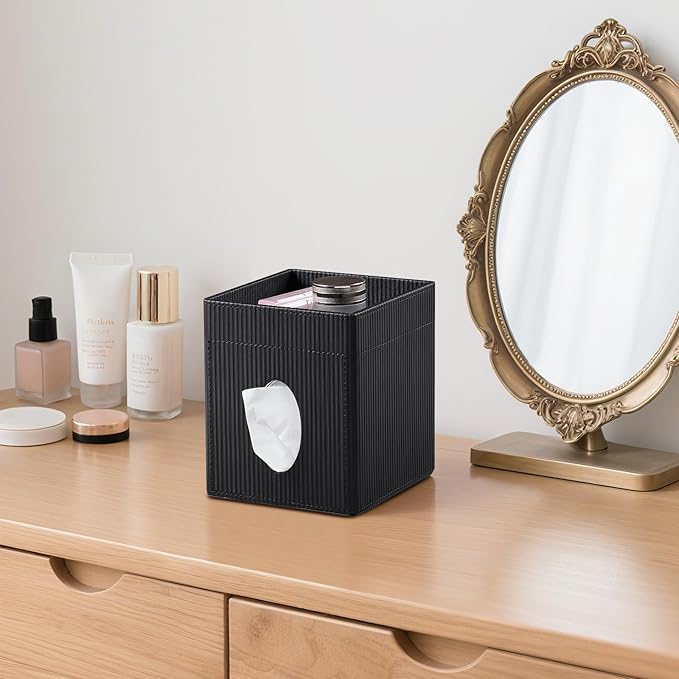 Square Tissue Box Cover with Tray, PU Leather Tissue Box Holder Decorative Cube Tissue Holder for Bathroom Bedroom Office (Black)