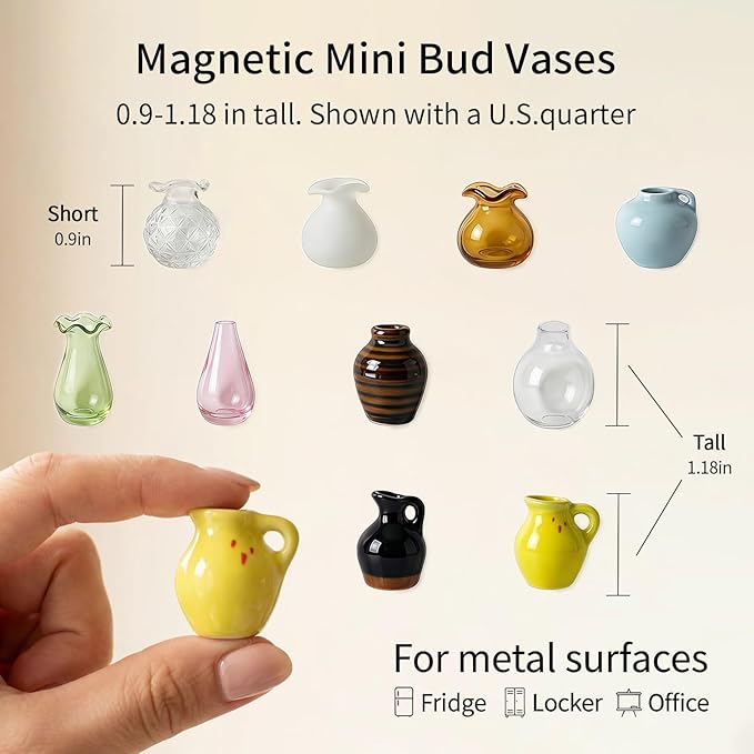 10-Pack Magnetic Mini Bud Vases Gift Set – Mixed Ceramic & Glass Holders for Fridge, Locker & Whiteboard – Upgraded Slam-Proof Magnets – Cute Bulk Gifts for Coworkers, Teachers & Office Decor