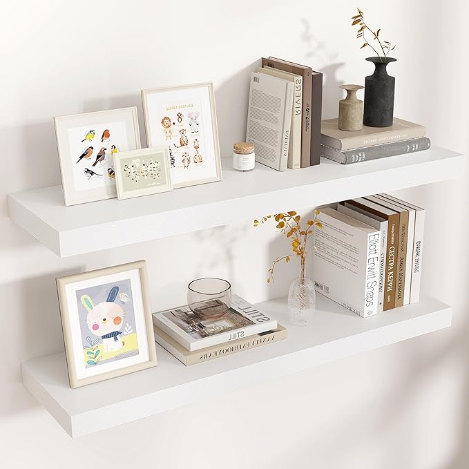 Floating Shelves for Wall, Engineered Wood Wall Shelves with Invisible Brackets for Living Room Bedroom Bathroom Office Kitchen Decor and Storage (White, 36" W x 9" D x 1.5" H) Set of 2
