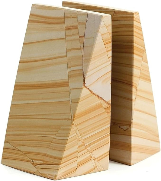 Bey-Berk Fraser Sand Marble Bookends (Natural), 4" x 2.5" x 6" Wedge Book Ends, 6.25 lb Solid Stone Shelf and Desk Decor