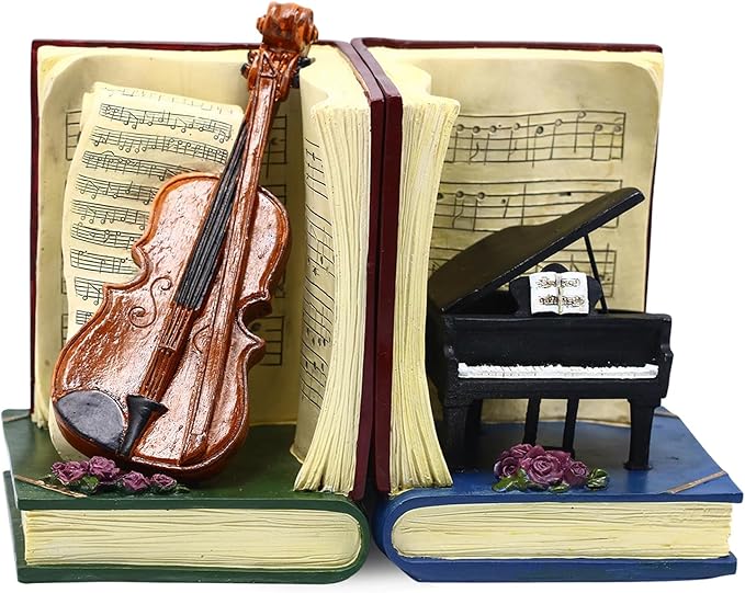 Vintage Music Book Ends for Shelves, Book Ends for Heavy Books, Deluxe Piano and Violin Decorative Bookends, Heavy Duty Bookends for Large Books, Vintage Book Stopper for Music Lovers