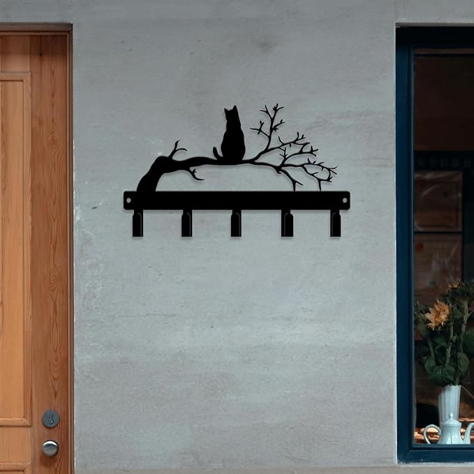 magilab Cat-Themed 10-Inch Iron Key Hooks with 5 Hooks, Black Wall Organizer - Cute Cat Design for Home Decor, No Drill & Screw-in Options (Style J)