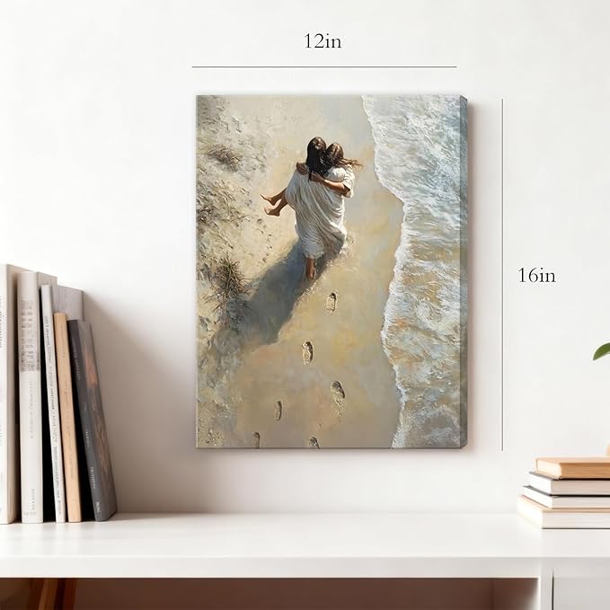 Jesus Holding Woman Wall Art Jesus Footprints in the Sand Canvas Print Wall Decor Painting Christian Wall Art Home Decor Pictures for Living Room Church Prayer Room 12x16 Inch Framed