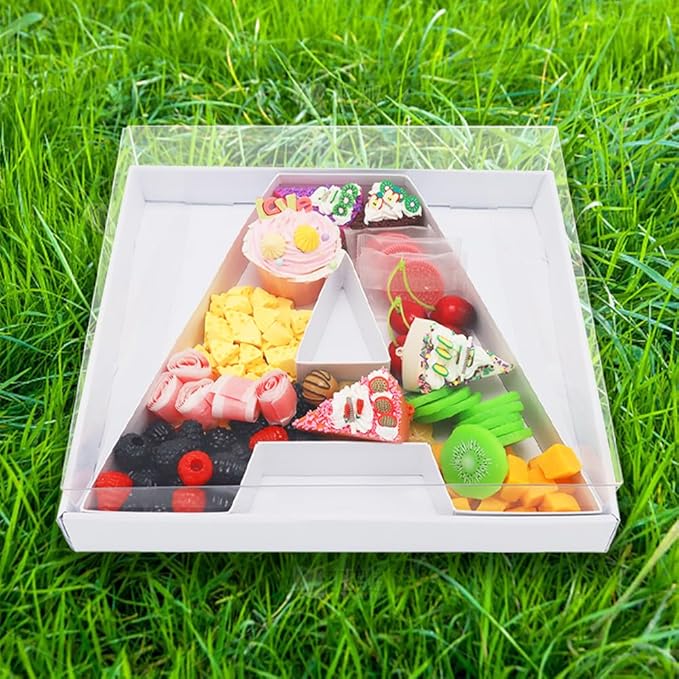 WENPACK 12.5" Cardboard Letter Number Shaped Fillable Paper Mache Chocolate Covered Strawberry Decorative Gift Box Tray with Clear Lid (White, A)